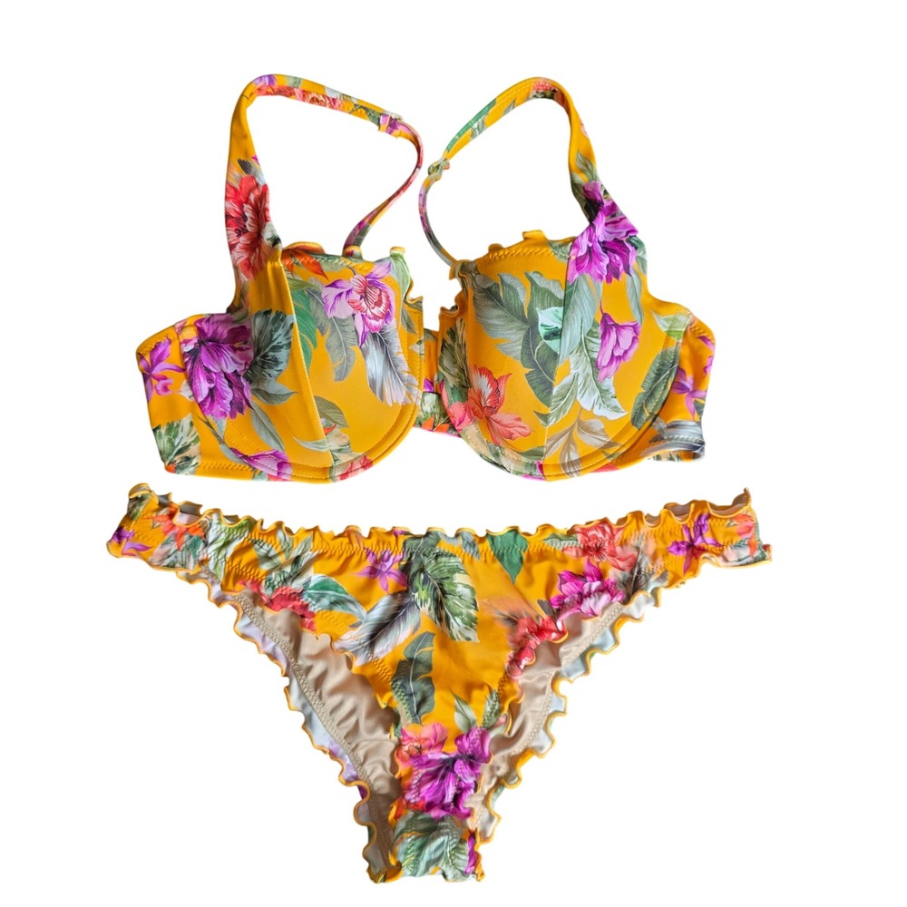 Shade & Shore 34B‎ S Bikini Set Orange Floral Tropical Print Swimsuit New